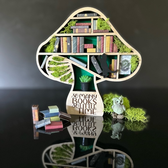 Mini Mushroom Bookshelf, 3-D Wood Mini Bookshelf, So Many Books, Book Lover Gift - Picture 2 of 5